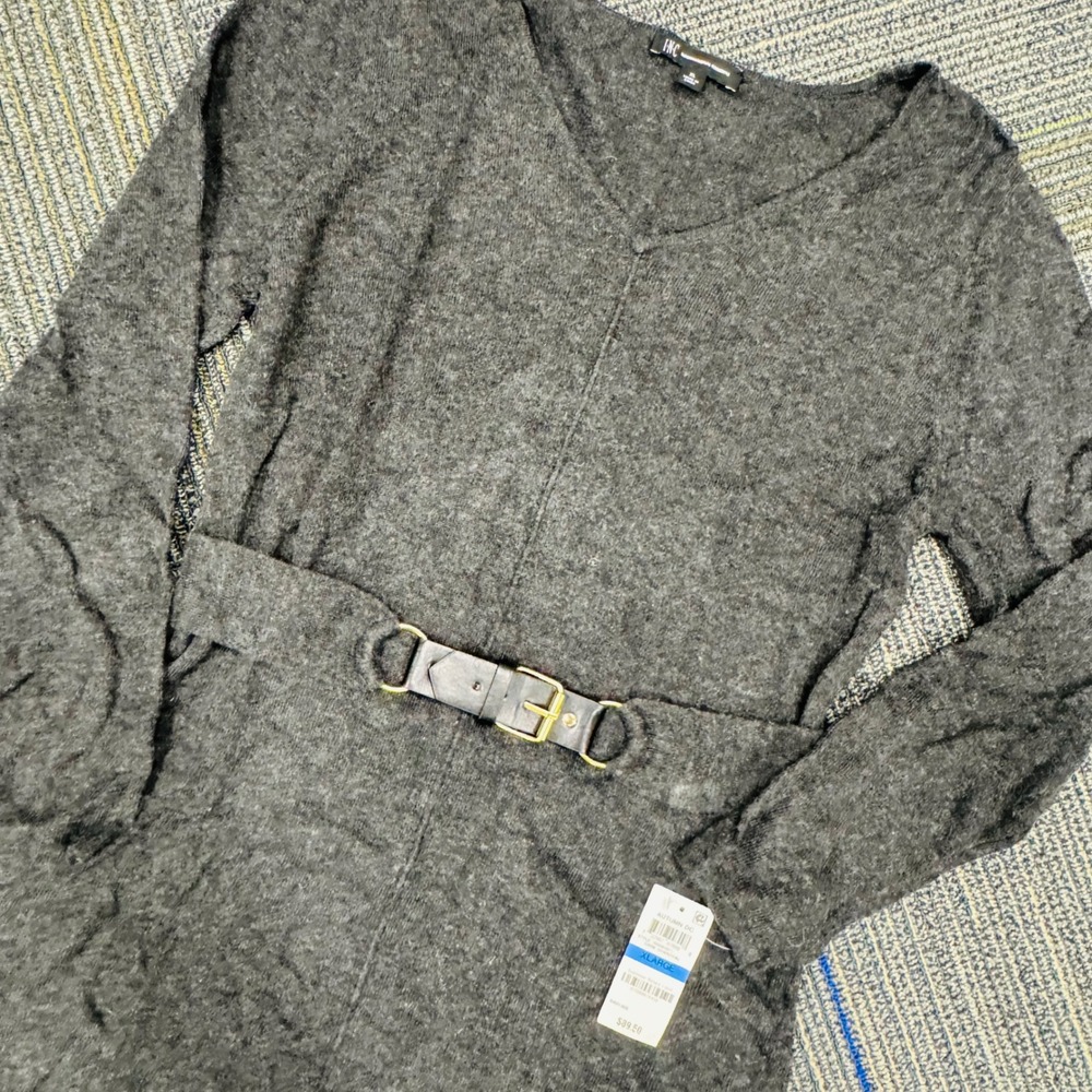 INC‎ International Concepts Women Sweater Charcoal XL Long Sleeve Belt V Neck